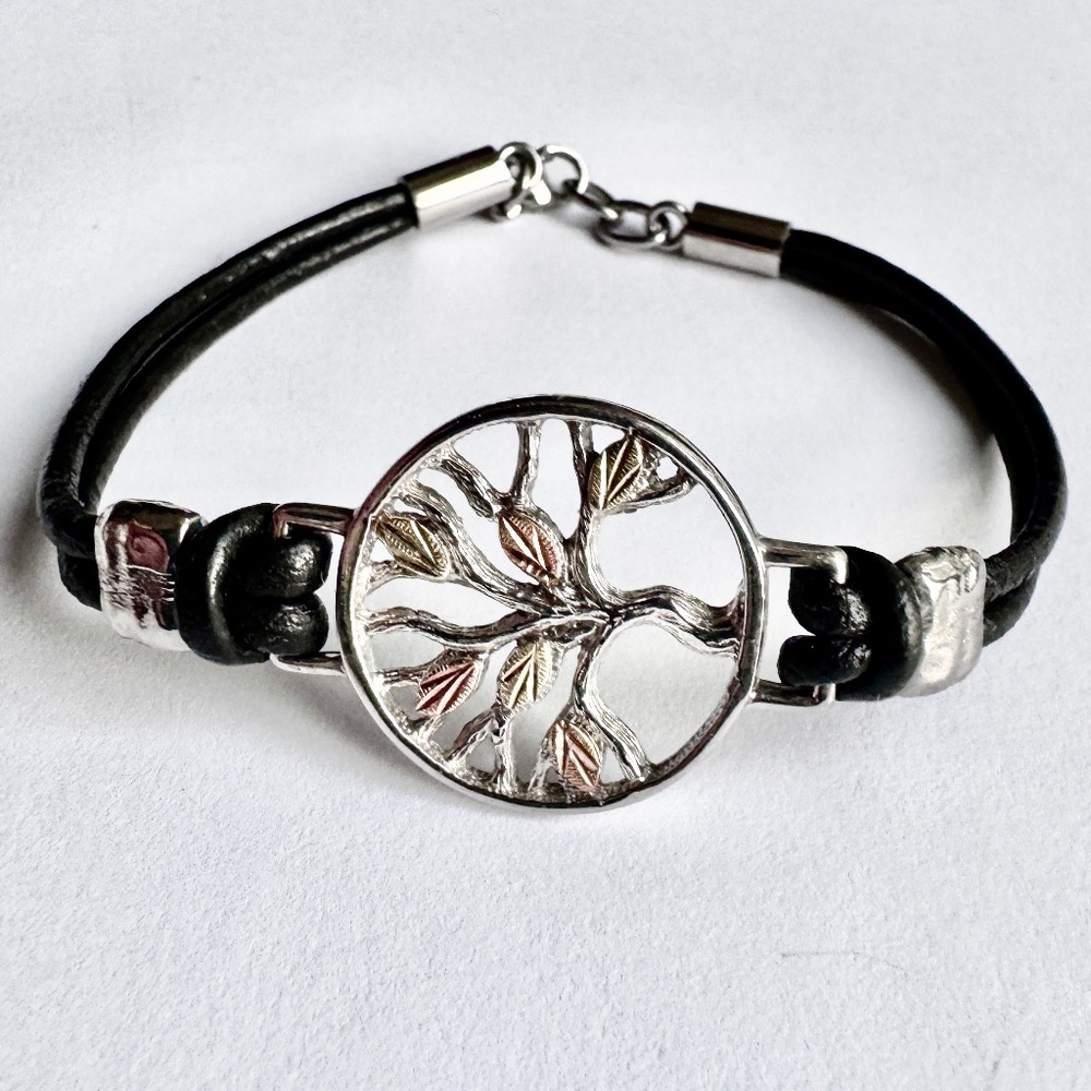 Unisex Tree of Life Bracelet Leather & Silver Tone w/ Copper Leaves.